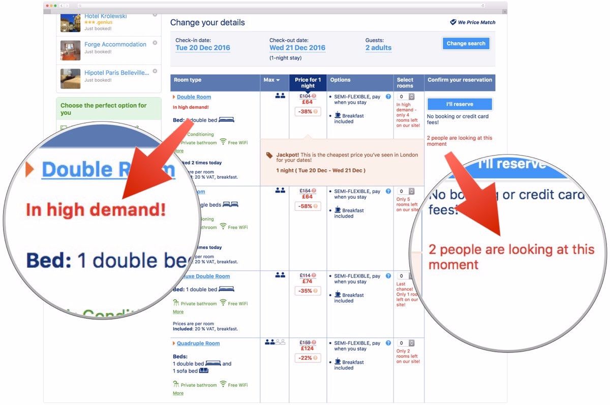 Booking.com menggunakan kelangkaan untuk memotivasi orang ke memesan kamar di saat itu juga. Booking.com menggunakan kelangkaan untuk memotivasi orang ke memesan kamar di saat itu juga.