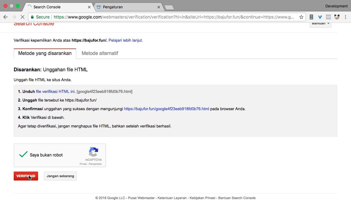 Melanjutkan verifikasi di Google Search Console Melanjutkan verifikasi di Google Search Console