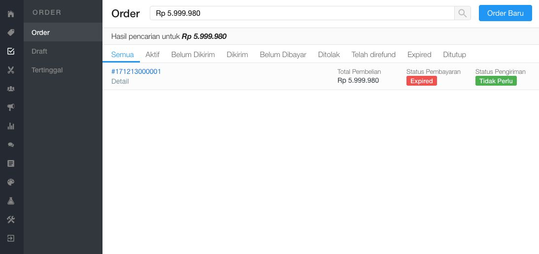 Pencarian order berdasarkan harga total