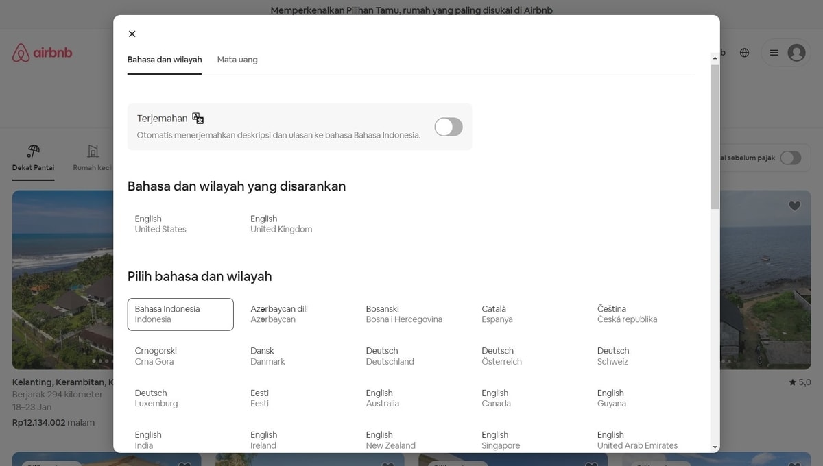Pilihan bahasa di situs Airbnb
Gambar: Airbnb