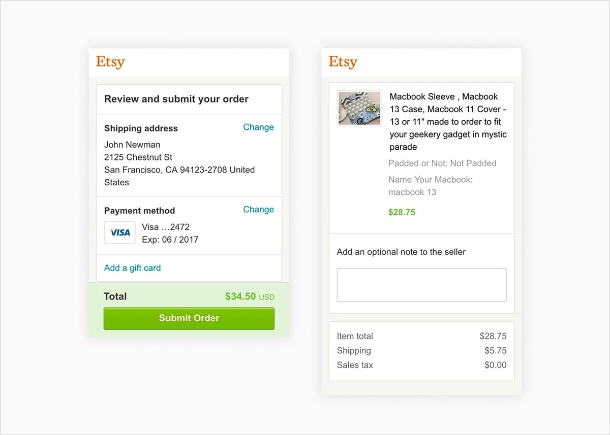 Desain fitur checkout mobile-friendly
Gambar: Etsy Desain fitur checkout mobile-friendly
Gambar: Etsy