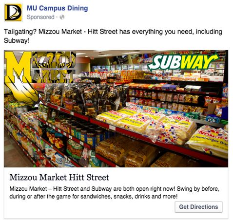 Iklan lokal dari Mizzou Market yang berada di kampus Iklan lokal dari Mizzou Market yang berada di kampus