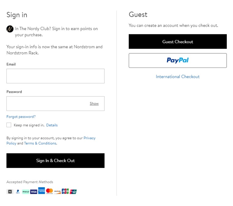 Contoh fitur guest checkout
Gambar: Nordstorm Contoh fitur guest checkout
Gambar: Nordstorm